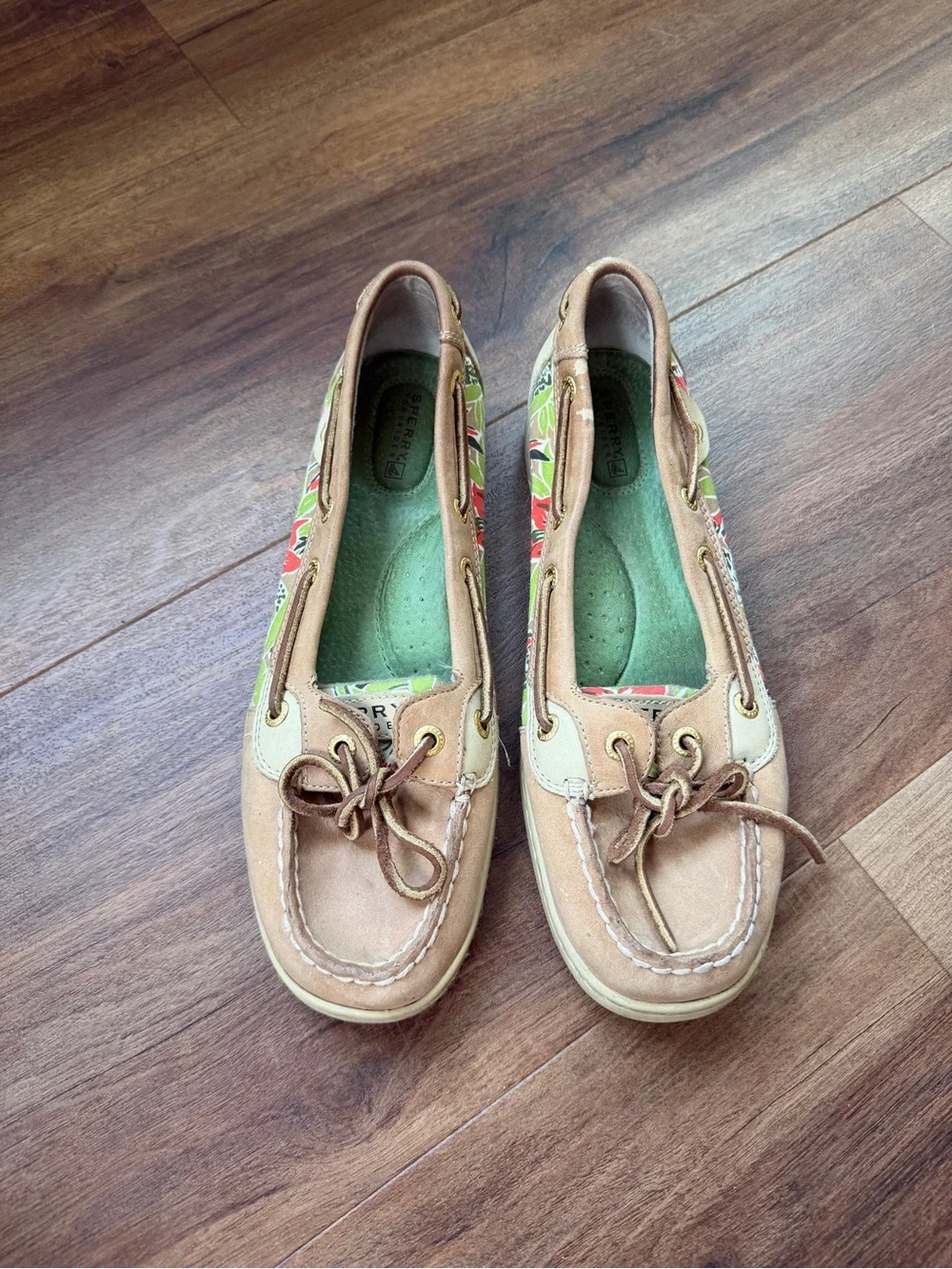 Sperry Tan Leather Boat Shoes with Floral Side Panel